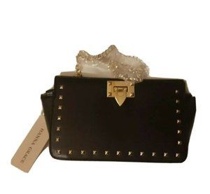 HANNA GRACE Stylish Black Crossbody Purse W/ Gold Metal Studs, Brand New